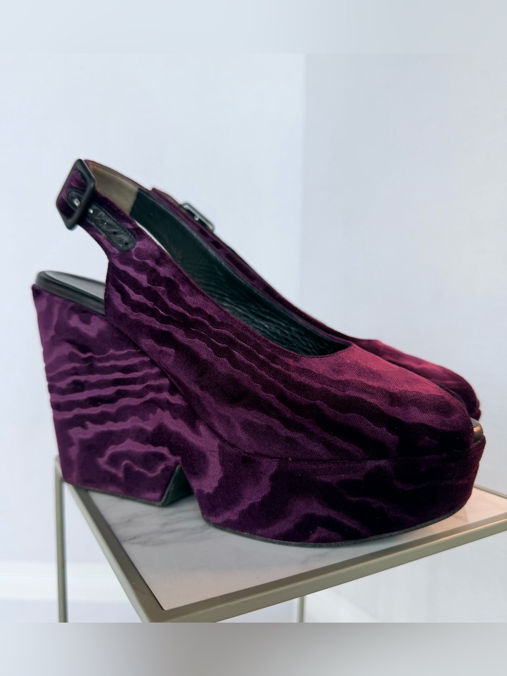 Robert Clergerie Plum Velvet Platform Wedge Slingbacks